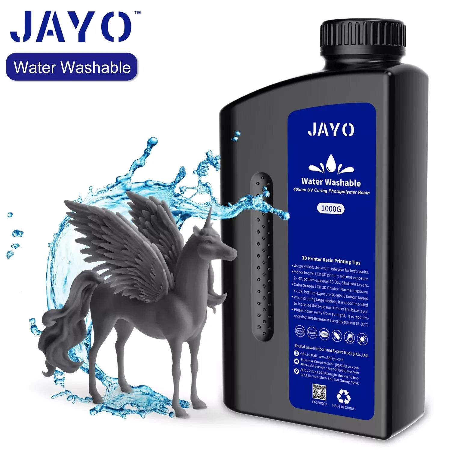 JAYO 3D Printer Resin bottle displaying a stunning black unicorn surrounded by water, underlining its water-washable formula for effortless cleaning.