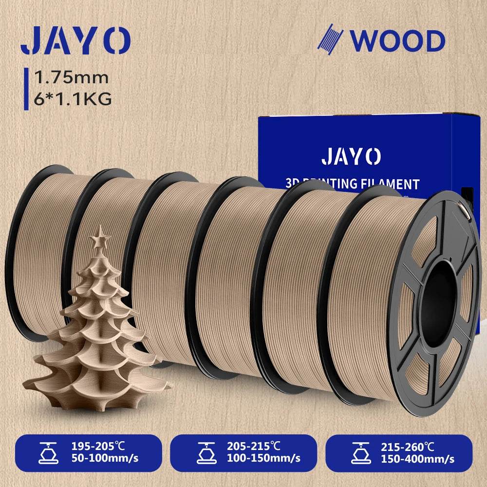 Five spools of JAYO Wood PLA 3D Filament, featuring a soft wood finish, ideal for 3D printing intricate designs with a natural appearance.
