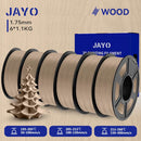 Five spools of JAYO Wood PLA 3D Filament, featuring a soft wood finish, ideal for 3D printing intricate designs with a natural appearance.