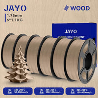 Five spools of JAYO Wood PLA 3D Filament, featuring a soft wood finish, ideal for 3D printing intricate designs with a natural appearance.
