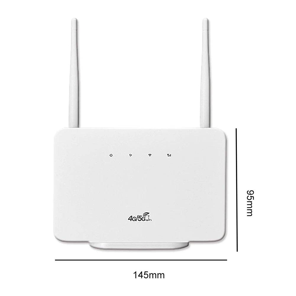 Dimensions of Nova 4G Wireless Router by APWIKOGER, measuring 145mm x 95mm, highlighting compact design for home and travel.