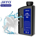 JAYO 3D Printer Resin - Water Washable Formula showcased with a stunning water effect around a printed unicorn model, emphasizing ease of cleanup for vibrant 3D prints.