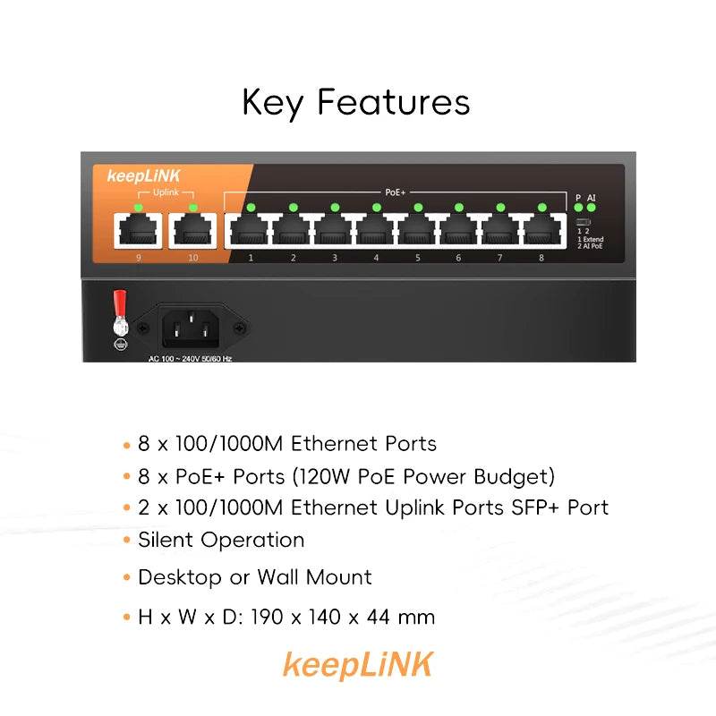 KeepLiNK 10-Port Gigabit Ethernet Switch with 8 PoE Ports & 2 Uplink RJ45 Ports - Unmanaged & Plug-and-Play