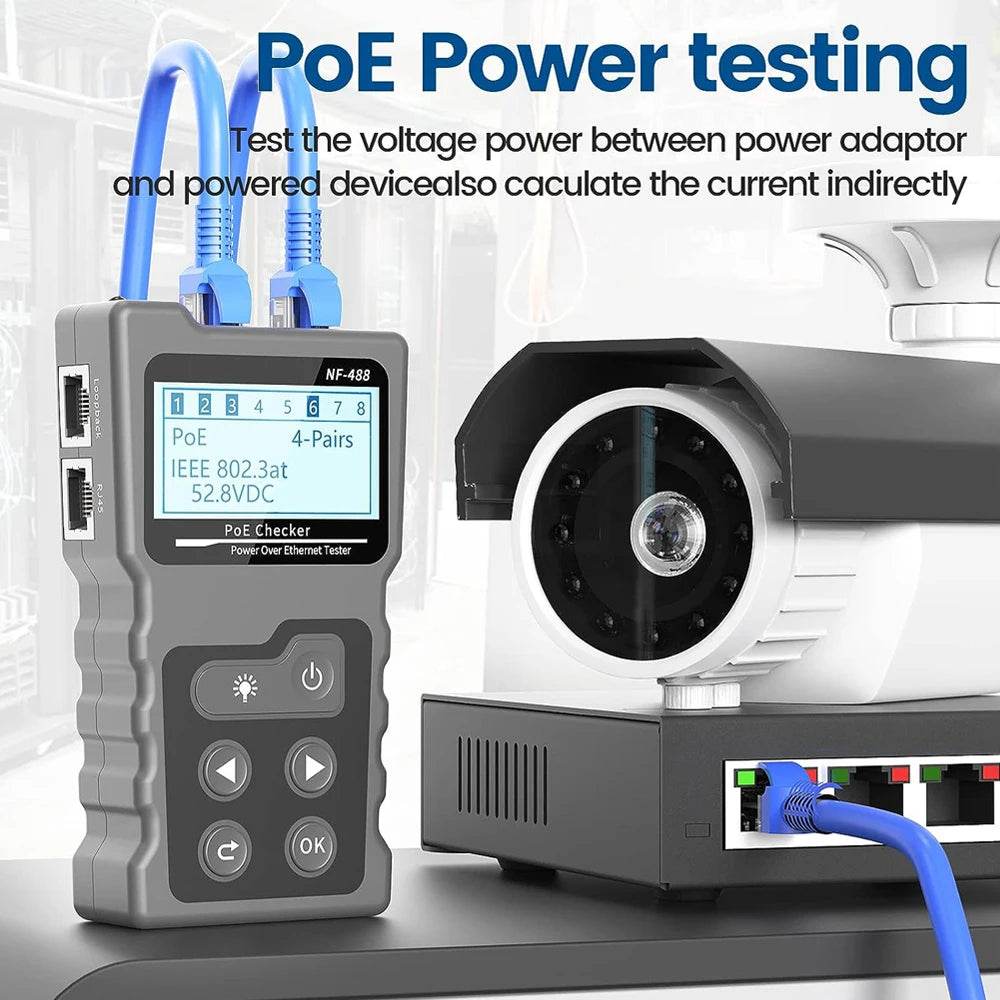 Noyafa NF-488 PoE Ethernet Cable Tester conducting power testing, showcasing its capability to assess voltage power delivery in network setups.