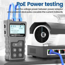 Noyafa NF-488 PoE Ethernet Cable Tester conducting power testing, showcasing its capability to assess voltage power delivery in network setups.