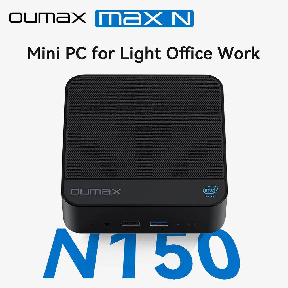 OUMAX N150 Mini PC – 16GB RAM, 500GB Storage, Intel Twin Lake, Dual LAN, Compact Design