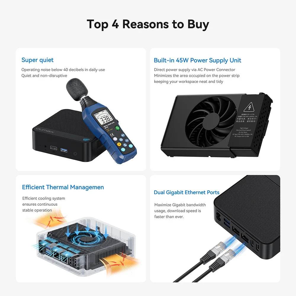 OUMAX N150 Mini PC – 16GB RAM, 500GB Storage, Intel Twin Lake, Dual LAN, Compact Design