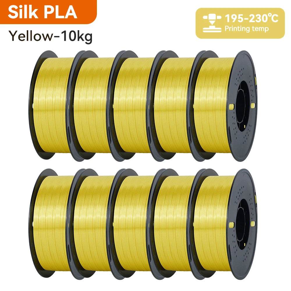 KINGROON 10KG Silk PLA Filament Set featuring bright yellow color, 1.75mm diameter, ideal for eye-catching 3D creations.