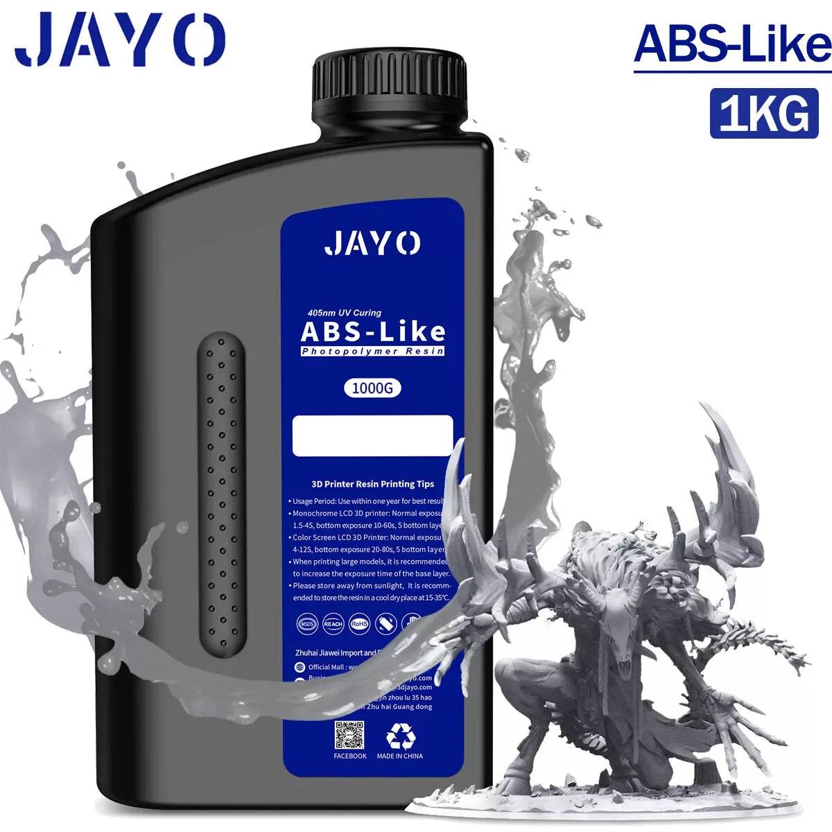 JAYO 3D Printer Resin - ABS-Like, Water Washable, 395-405nm, Durable High-Detail Prints. Illustrating the product alongside a captivating monster model, showcasing its ability to achieve intricate details.
