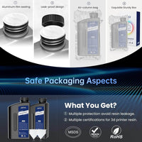 JAYO 3D Printer Resin - Safe Packaging Features, illustrating a leak-proof design and aluminum film sealing for optimal resin protection during storage.