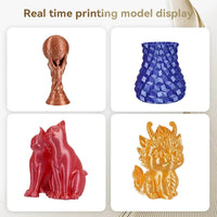 Showcase of various 3D printed models using KINGROON Silk PLA, including a trophy, vase, and dual-cat sculpture, highlighting the filament's vibrant color versatility.