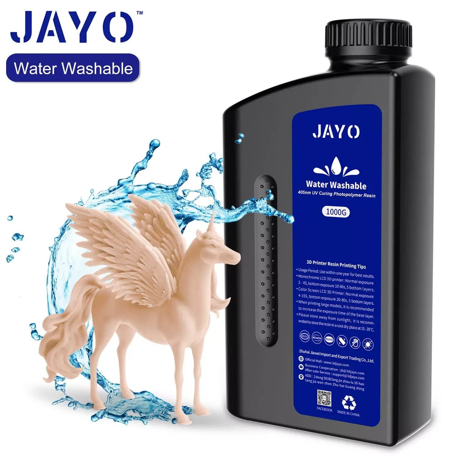 JAYO 3D Printer Resin - ABS-Like, Water Washable, 395-405nm, Durable High-Detail Prints. Displaying the resin bottle with a stunning unicorn sculpture, highlighting its water-washable formula for easy cleanup.