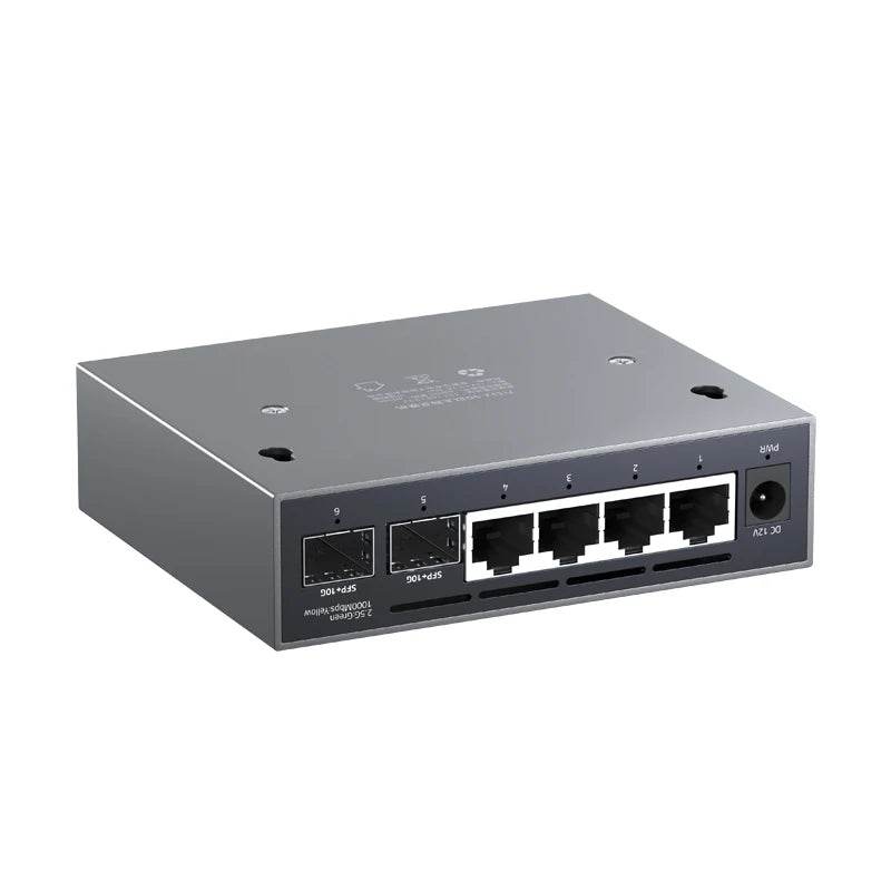 Detailed view of the XikeStor 2.5G L2 Managed Switch showcasing its 4 x 2.5G RJ45 ports and 2 x 10G SFP+ uplinks for enhanced networking capabilities.