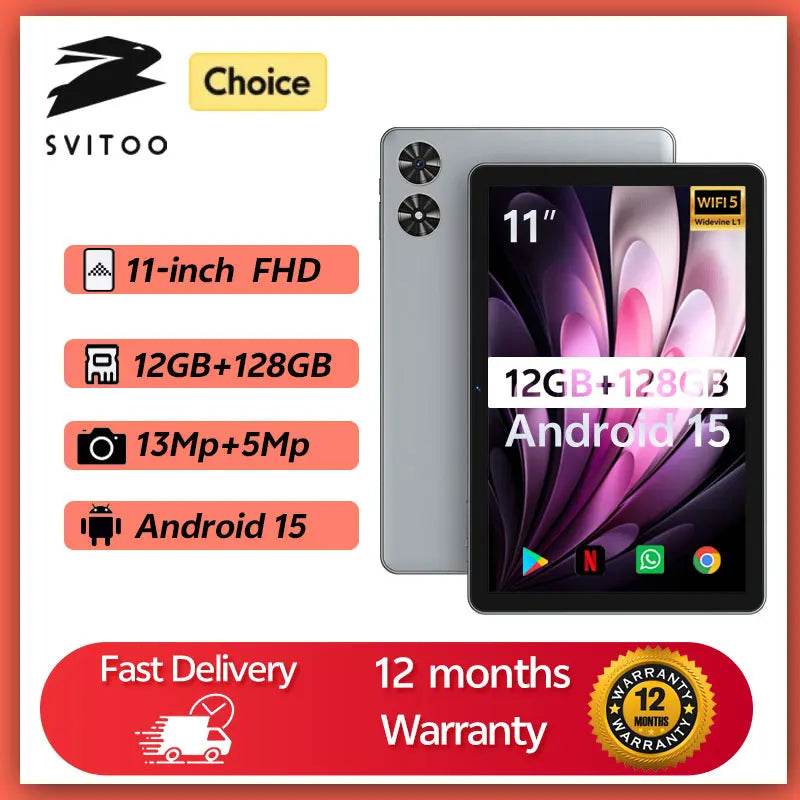 SVITOO 11-Inch Android 15 Tablet, 12GB RAM, 128GB ROM, Octa-Core T606, Gaming & Productivity Powerhouse