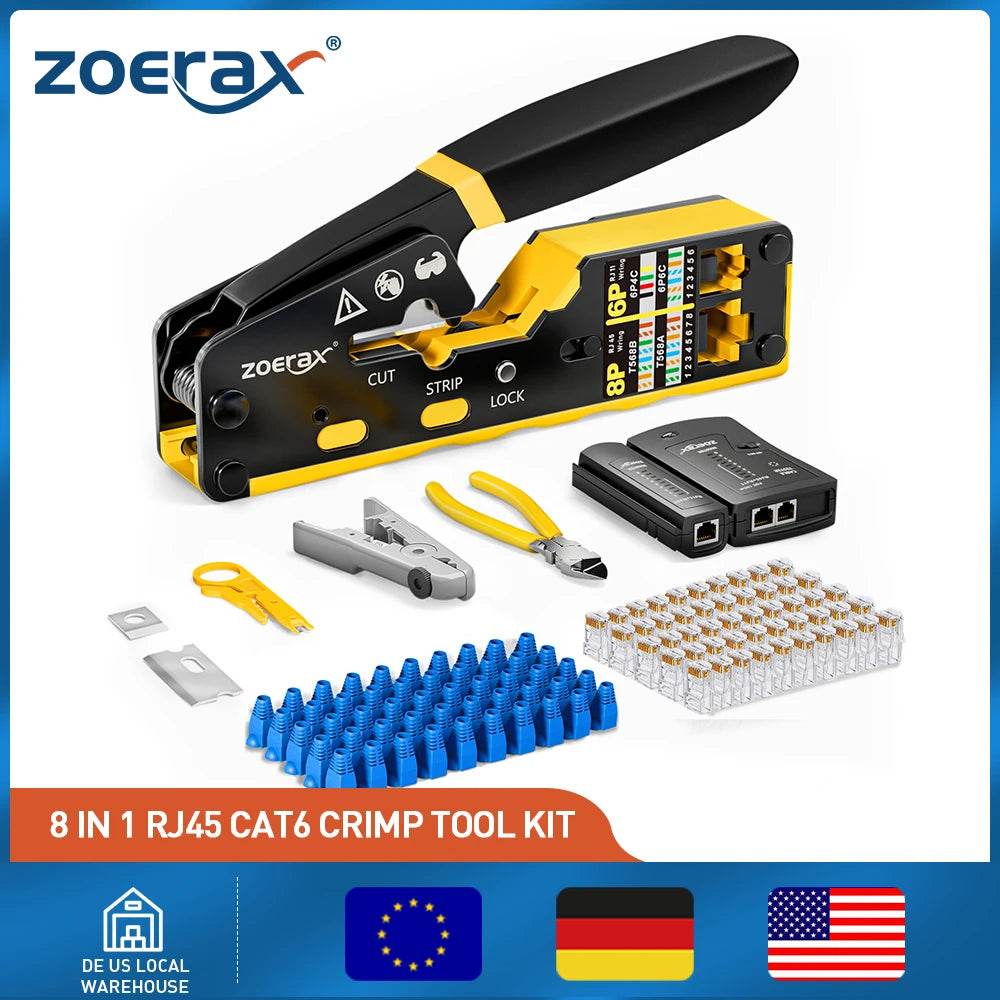 ZoeRax 8 In 1 RJ45 Crimp Tool Kit With 50 Cat6 Connectors - Ergonomic Design For Network Upgrades
