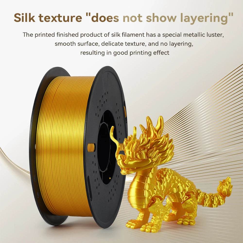 Silk PLA filament from KINGROON with a golden glossy finish, paired with a printed dragon model demonstrating the unique layering-free texture for stunning results.