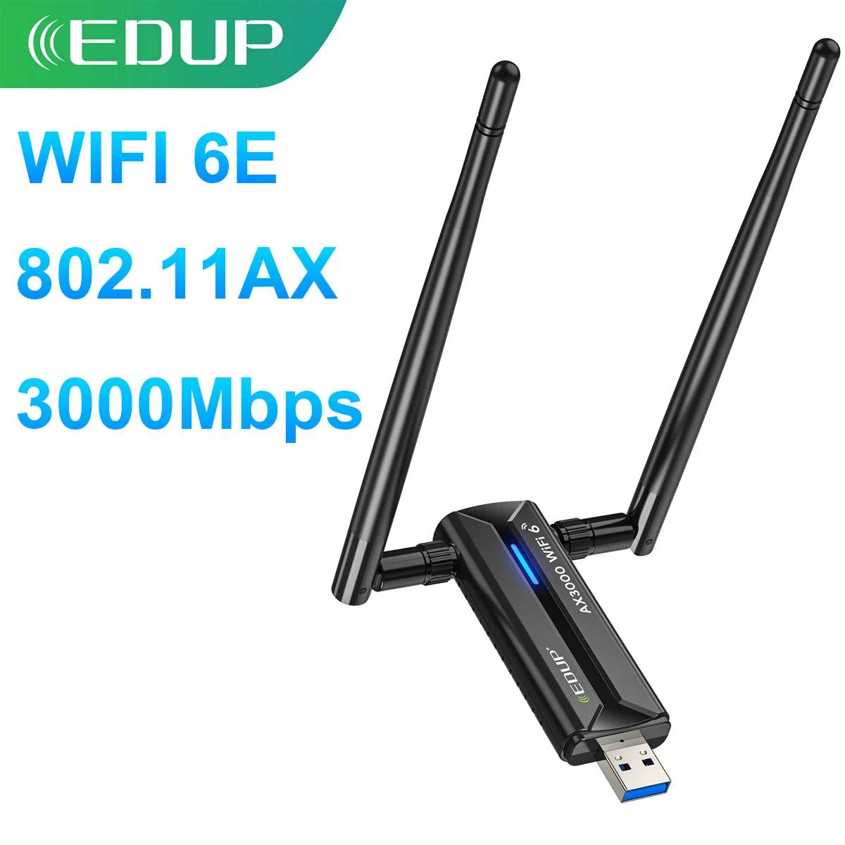 EDUP AX1672 USB 3.0 WiFi 6E Adapter | Tri-Band 3000Mbps | High-Gain Antenna for Extended Range