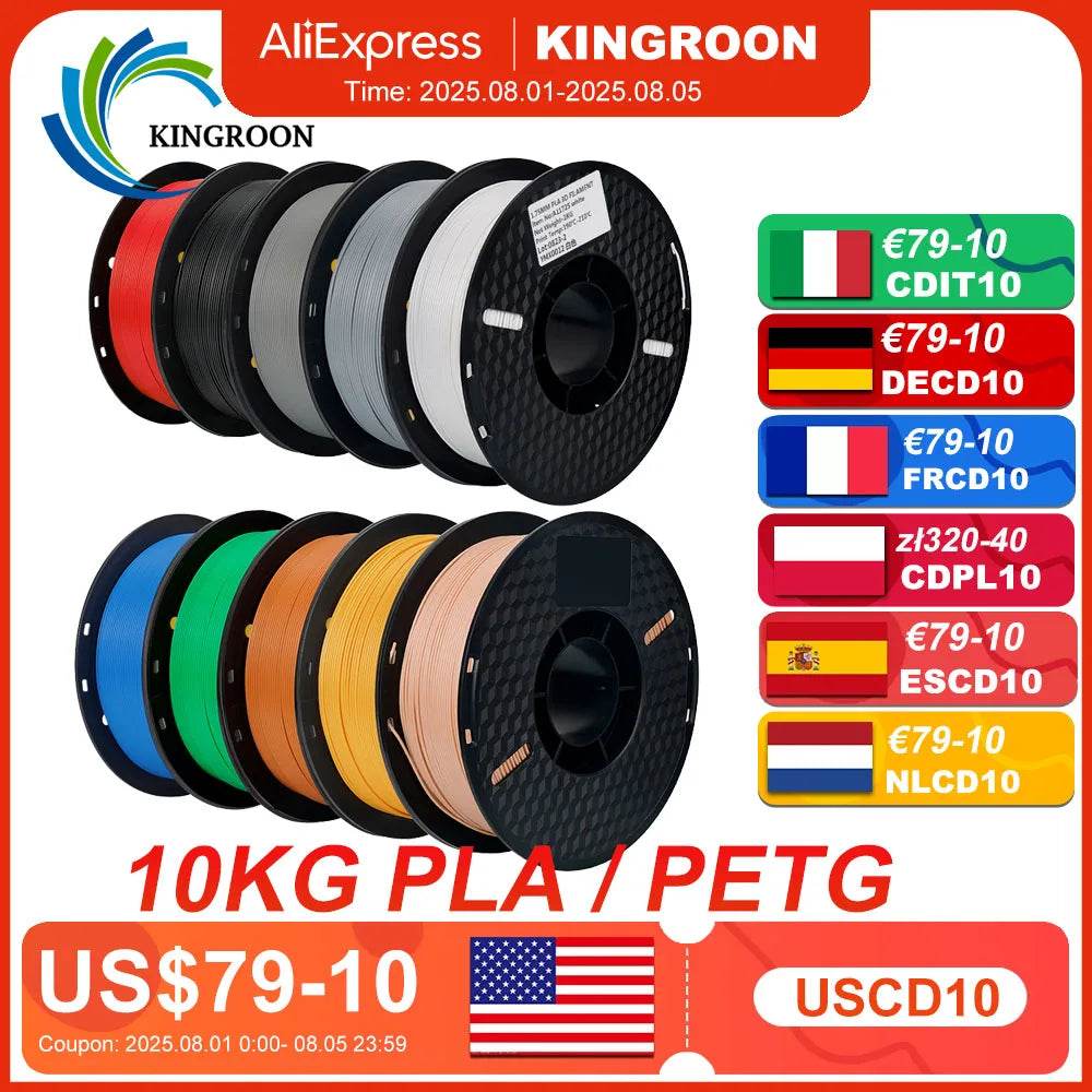 Kingroon 22Lbs Pro Quality PETG & PLA Filament - 10 Rolls Mixed Colors, Eco-Friendly 1.75mm