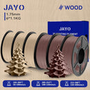 JAYO Wood PLA 3D Filament 1.75mm 1.1kg - 6 Roll Set highlighting vibrant shades resembling real wood, accompanied by an eye-catching 3D printed tree, perfect for DIY projects.