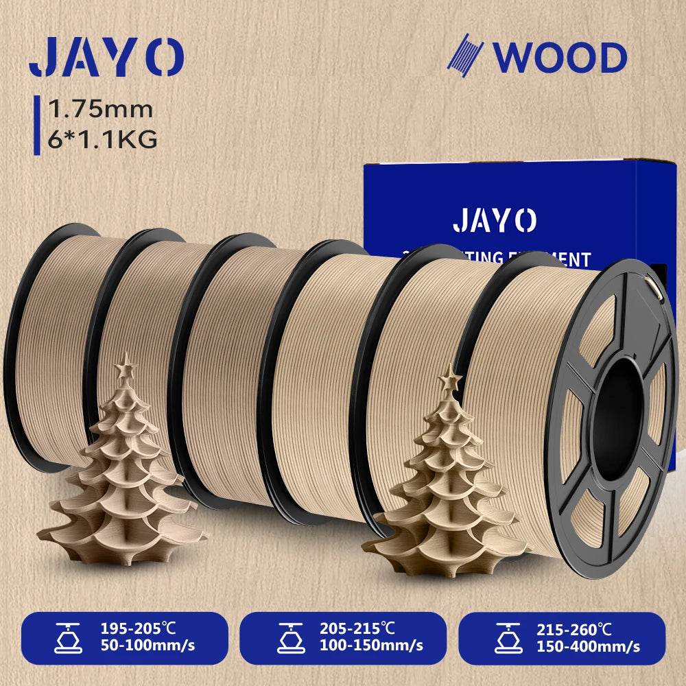 JAYO Wood PLA 3D Filament 1.75mm 1.1kg - 6 Roll Set displaying a selection of earthy shades and creative tree models, designed for exquisite 3D printing results.
