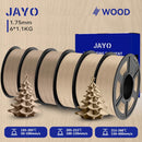 JAYO Wood PLA 3D Filament 1.75mm 1.1kg - 6 Roll Set displaying a selection of earthy shades and creative tree models, designed for exquisite 3D printing results.