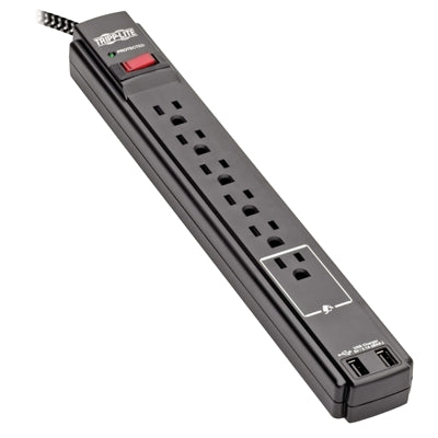 Tripp Lite 6-Outlet Surge Protector With 2 USB Ports, 10 Ft Cord, 990 Joules, Antimicrobial, Black