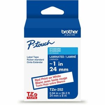 Brother P-touch TZe Laminated Tape 1" Red Print on White - Durable, Water Resistant & Easy to Use