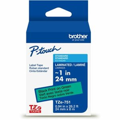 Brother P-Touch TZe-751CS Laminated Label Tape - Black on Green, Water & Smear Resistant, Indoor/Outdoor Use