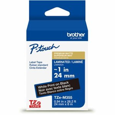Brother Ptouch TZeM355 24Mm White Print on Premium Matte Black Laminated Tape - 8M Long