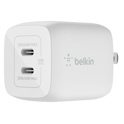 Belkin 45W Dual USB-C GaN Wall Charger With 2M USB-C to USB-C Cable - Quick Charge Power