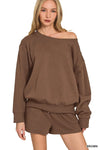 Zenana Fleece Boat Neck Sweatshirt and Shorts Set BROWN