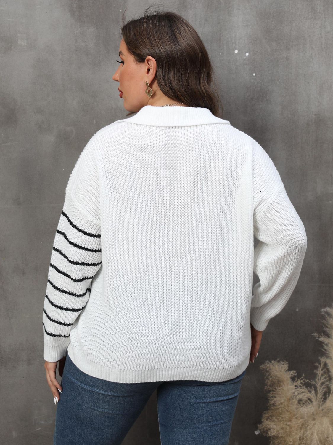 Plus Size Chic Striped V-Neck Sweater With Long Sleeves - Comfortable 100% Polyester