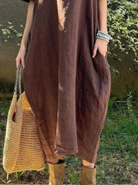 Full Size Casual Loose Fit Round Neck Midi Dress Plus Size - Store 42