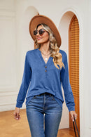 Trendsi Buttoned Notched Neck Long Sleeve Top - Slightly Stretchy Opaque Fabric - Store 42