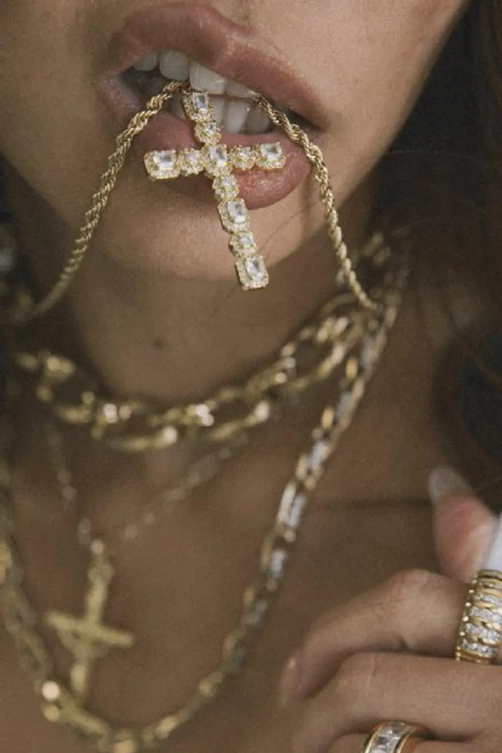 Stunning Brass Inlaid Zircon Cross Pendant Necklace with Gold-Plated Finish - 16.5 Inch Chain