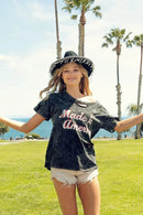 Trendy Laser Cut Mineral Washed Top with America Print - 100% Cotton Patriotic Style - Store 42