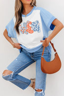 Star Plaid Flower USA Graphic Color Block Crewneck T Shirt