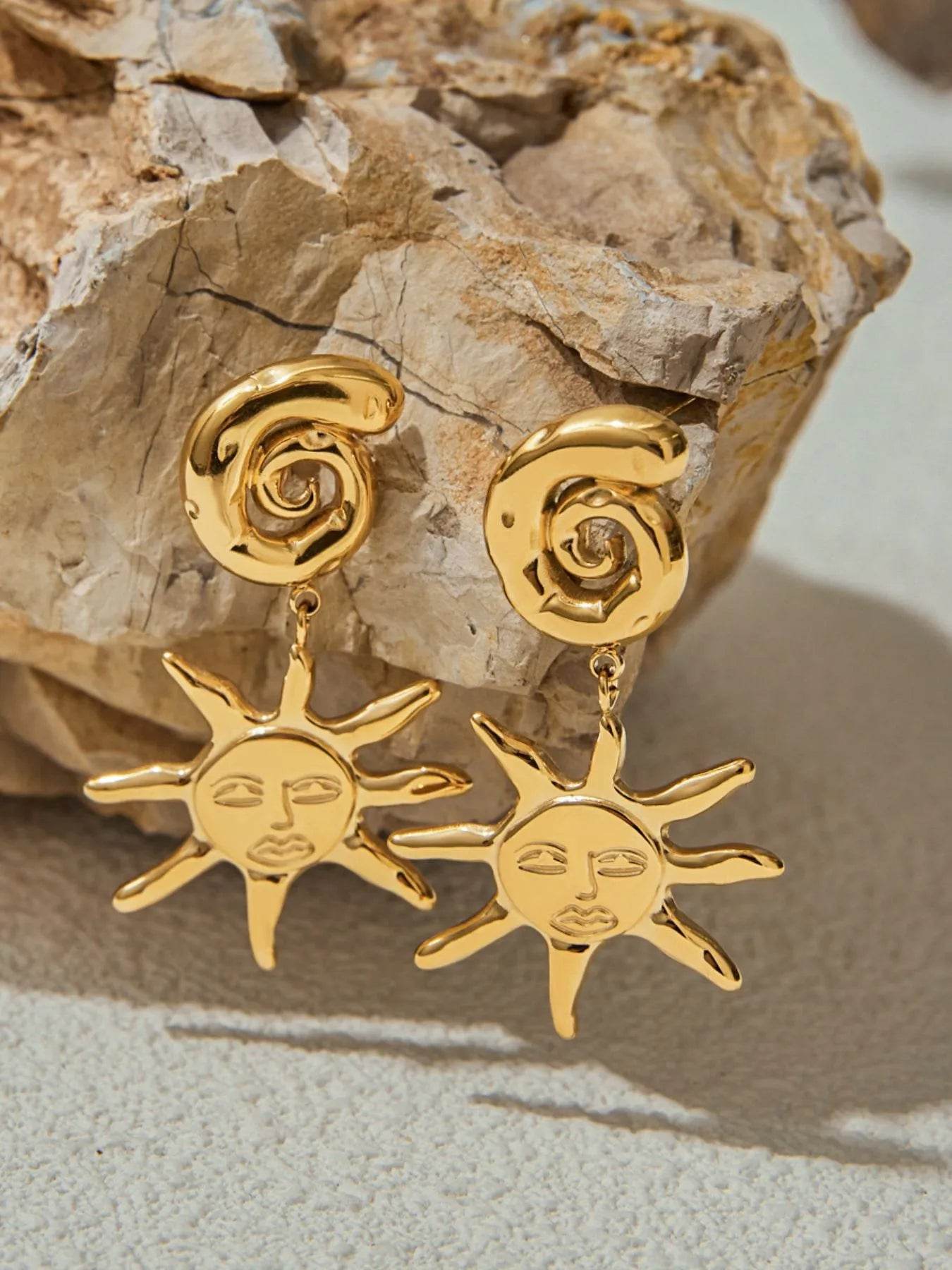 18K Gold-Plated Celestial Sun Drop Earrings with Spiral Stud, Hypoallergenic and Elegant Design - Store 42