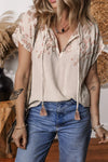 Geometric Embroidered Short Sleeve Tassel Tie Neck Blouse Beige