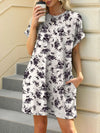 Printed Round Neck Short Sleeve Mini Dress White