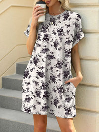 Printed Round Neck Short Sleeve Mini Dress White