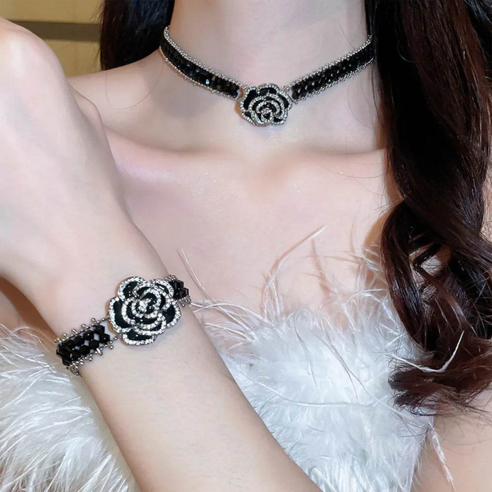 Elegant Copper Rhinestone Flower Bracelet with Crystal Accents - Adjustable Length 6.5 to 8.7 in