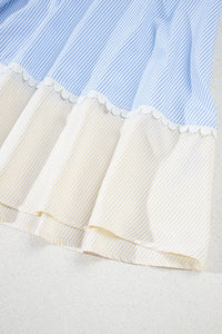 Striped Patchwork Ric Rac Puff Sleeve Collared Mini Dress