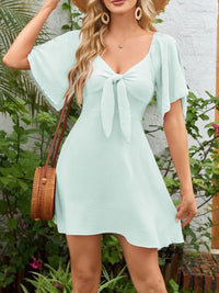 Smocked Back Knotted Flutter Sleeve Dress Light Green
