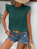 Elegant Eyelet Round Neck Cap Sleeve Top - 95% Polyester, No Stretch, Imported - Store 42