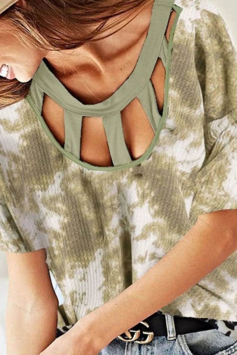 BiBi Tie Dye Print Waffle Top with Contrast Caged Neck