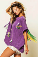 BiBi Vintage Bohemian Purple Washed T-Shirt with Butterfly Embroidery and Fringe Sleeves - Store 42