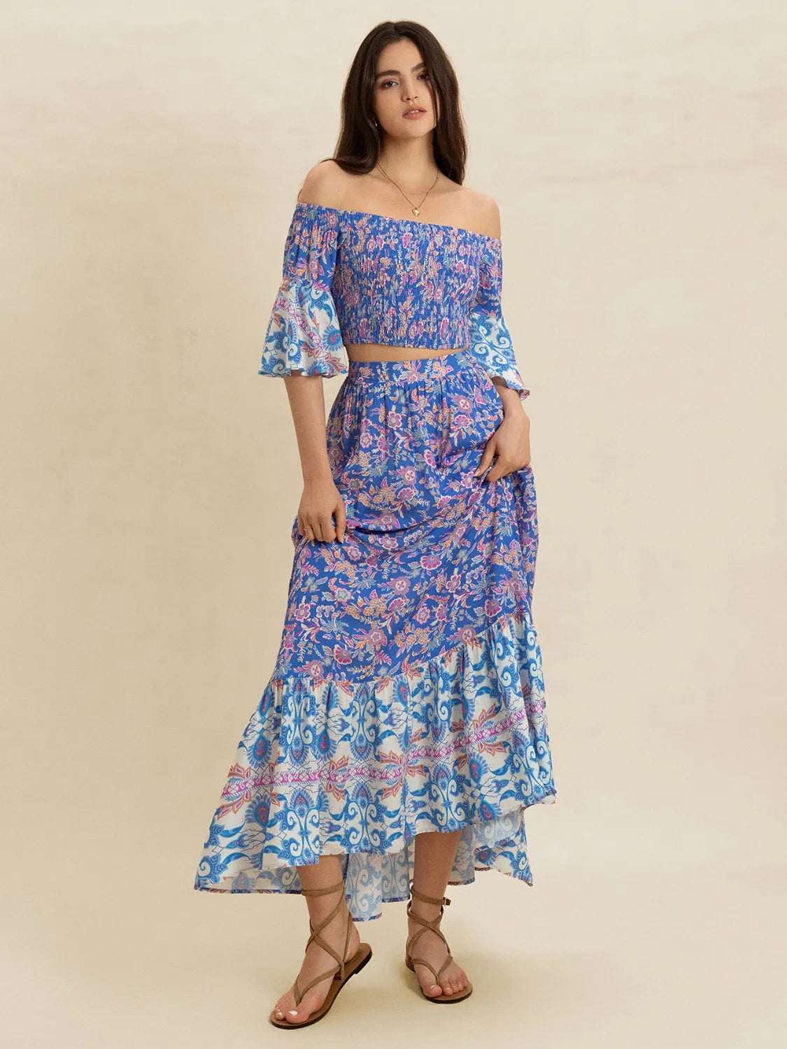Women’s 2-Piece Smocked Off-Shoulder Printed Top and Skirt Set in 100% Viscose