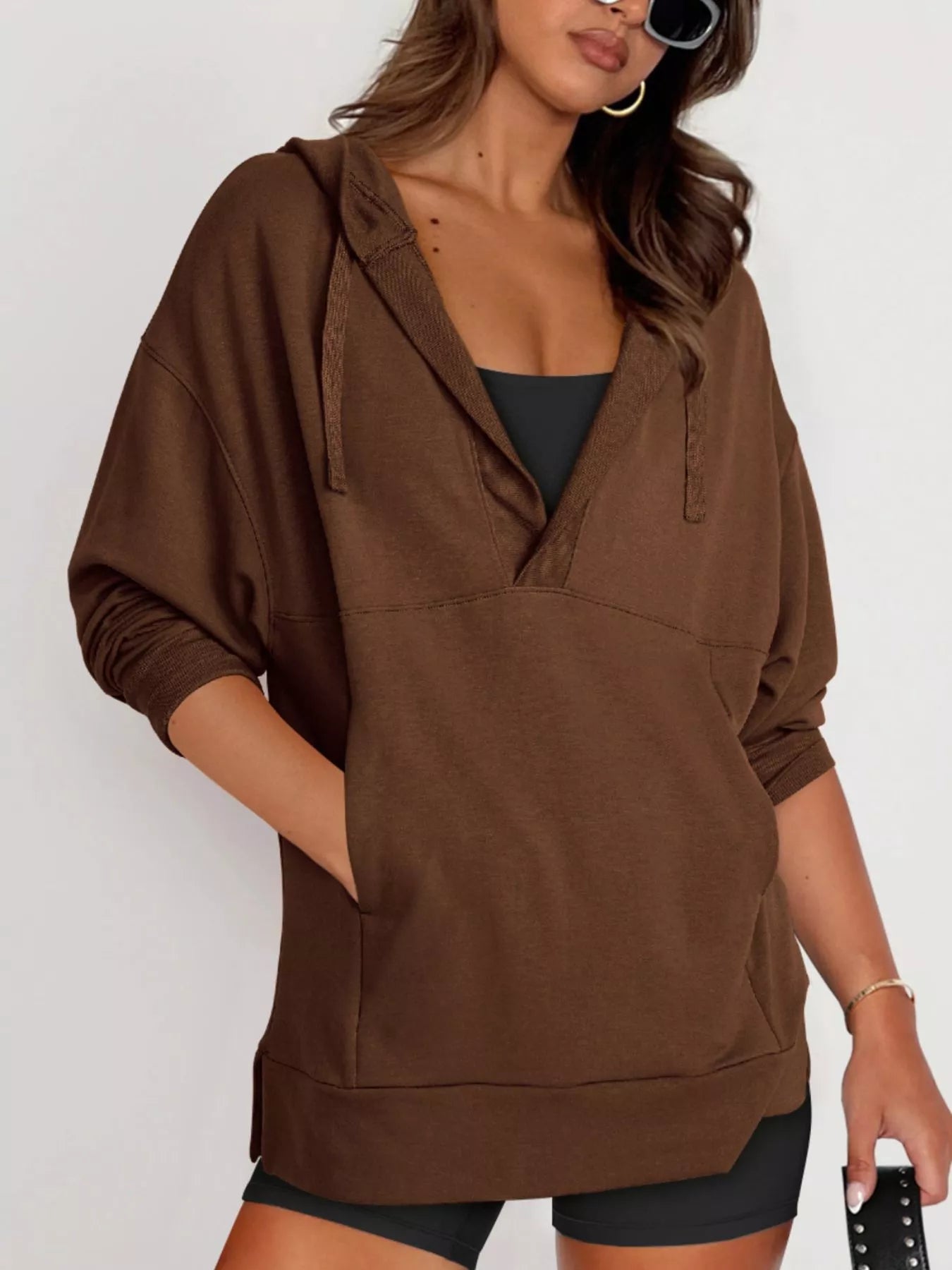 Oversized Drawstring Hoodie with Kangaroo Pocket - Long Sleeve, Slightly Stretchy Fabric