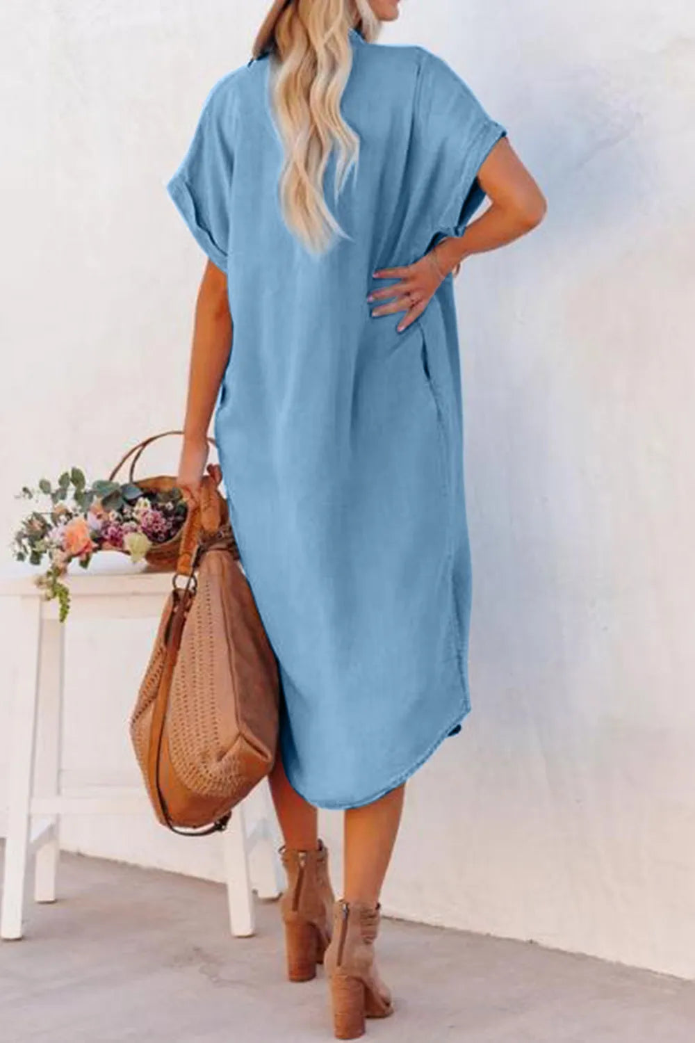 Imitation Denim Slit Button Up Short Sleeve Dress - Trendy Rayon Blend, Machine Washable